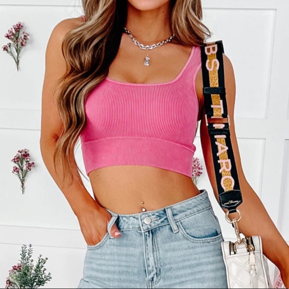 Ribbed Neon Coral Square Neck Washed Cropped Tank Top Bralette Sports Bra - Picture 3 of 9